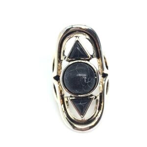 3/$30 NEW PREMIERE DESIGNS RING LONG BLACK HOWLITE GEOMETRIC  SILVER TONE 5.5